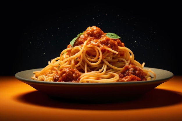 foto di un delizioso spaghetti su un piatto con uno sfondo scuro