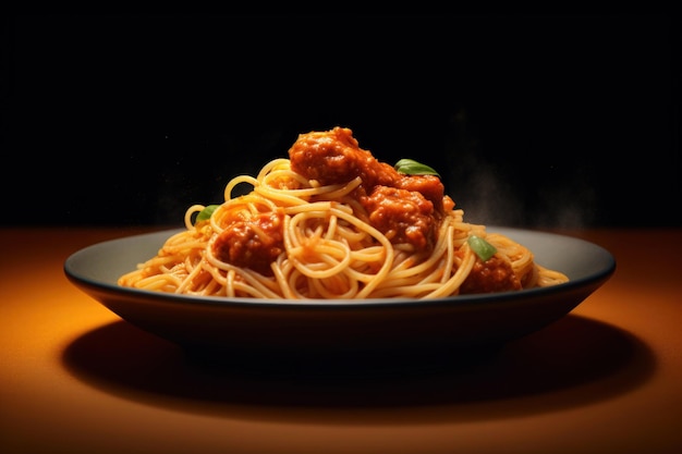 foto di un delizioso spaghetti su un piatto con uno sfondo scuro