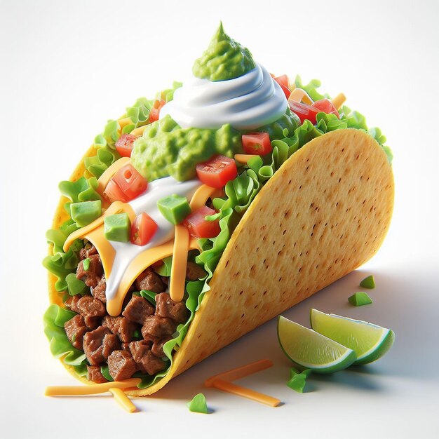 foto di un delizioso taco messicano su uno sfondo bianco