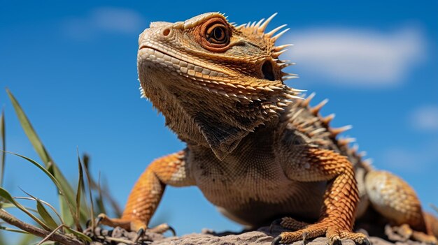 Foto di un drago barbuto sotto il cielo blu