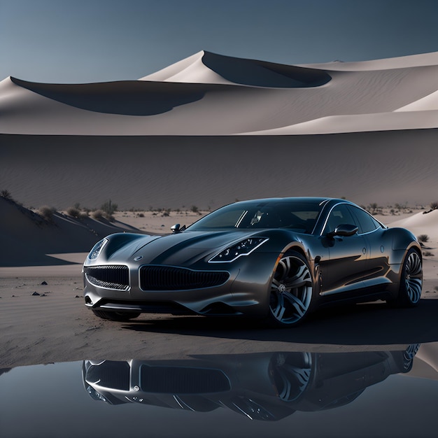 Foto di un'elegante auto sportiva argentata parcheggiata in mezzo a un vasto paesaggio desertico