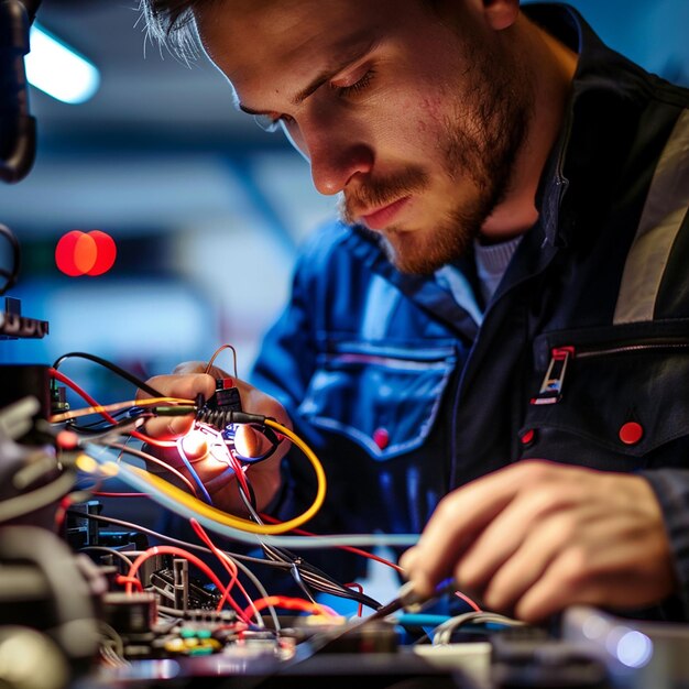 Foto di un elettricista automobilistico che risolve e ripara i problemi