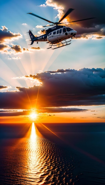 Foto di un elicottero che vola sopra l'oceano al tramonto