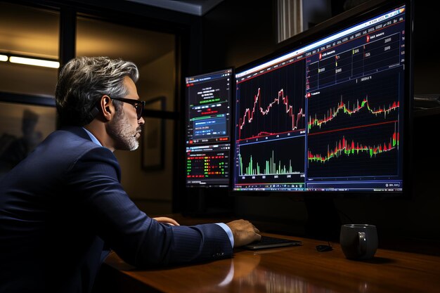 Foto di un'emittente con trend di borsa Un uomo d'affari controlla il grande schermo