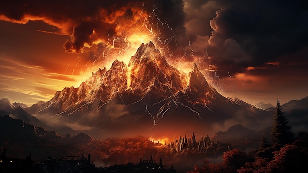 Foto di un'eruzione di una montagna che sputa cenere di fuoco nel cielo generata dall'AI