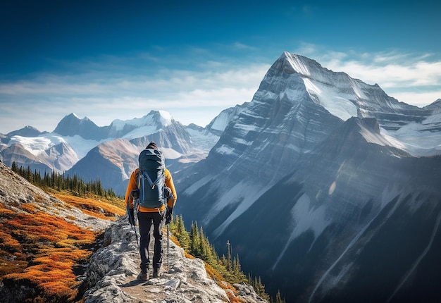 Foto di un escursionista viaggiatore solo in cima alla collina di montagna con uno splendido sfondo naturale