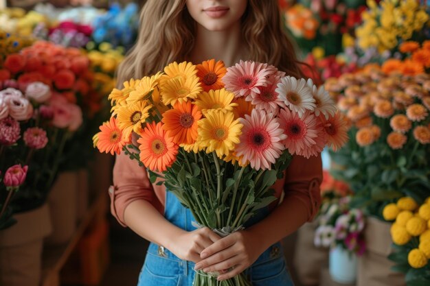 Foto di un fiorista che tiene bellissimi fiori in un negozio di fiori