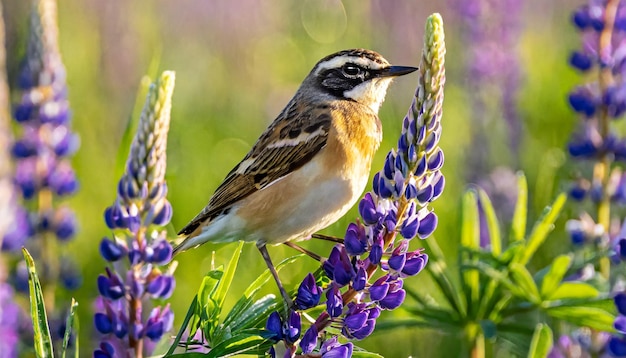 foto di un fringuello viola sul lupino in un campo sotto la luce del sole