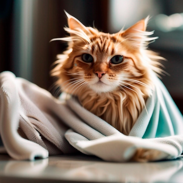 Foto di un gatto con l'asciugamano dopo aver fatto il bagno al gatto