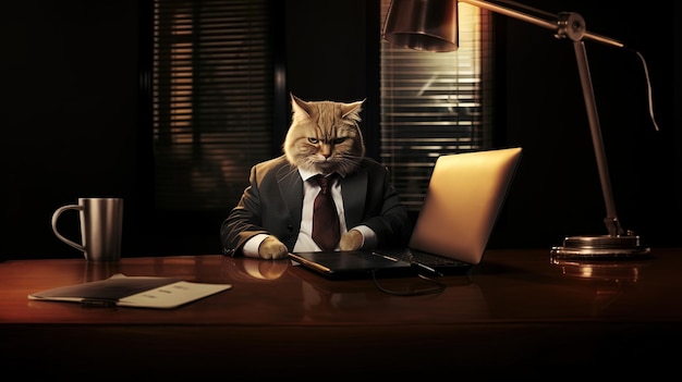 Foto di un gatto in un abito da lavoro affilato seduto a una scrivania