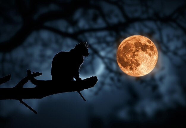 Foto di un gatto spaventoso seduto su un ramo con una luna piena nel cielo notturno dietro di lui