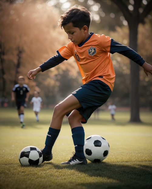 Foto di un giovane atleta che gioca a calcio nel parco