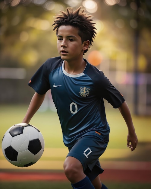 Foto di un giovane atleta che gioca a calcio nel parco