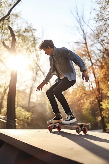 Foto di un giovane che fa skateboard in un parco all'aperto