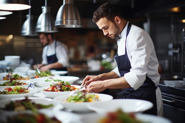 Foto di un giovane chef che prepara il cibo in una cucina di un ristorante