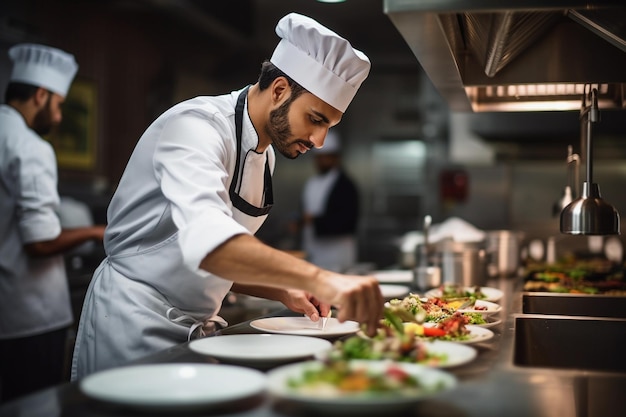 Foto di un giovane chef che prepara il cibo in una cucina di un ristorante