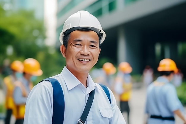 Foto di un giovane ingegnere bello e sorridente in uniforme, operaio generato dall'intelligenza artificiale