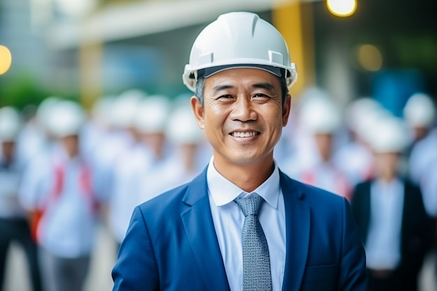 Foto di un giovane ingegnere bello e sorridente in uniforme, operaio generato dall'intelligenza artificiale