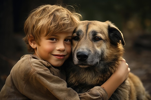 Foto di un giovane umano che abbraccia un cane Ritratto di un giovane uomo e del suo cane all'aperto generato da Ai
