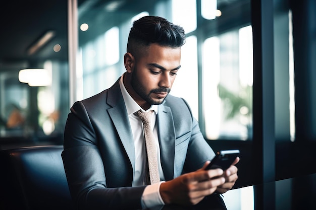 Foto di un giovane uomo d'affari che usa il cellulare in un ufficio