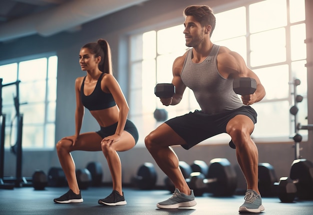 Foto di un giovane uomo e di una donna che si allenano per il bodybuilding in palestra