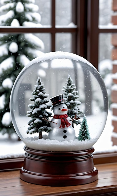Foto di un globo di neve natalizio con un pino uomo di neve e una lanterna posizionati su un davanzale innevato