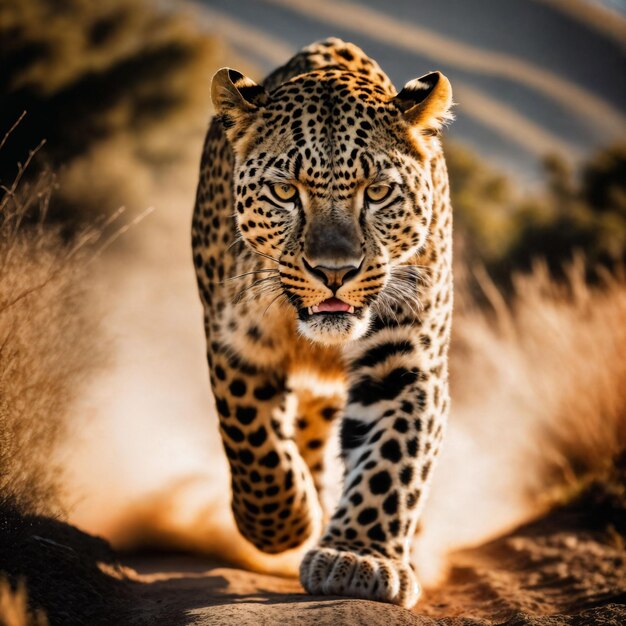 foto di un grande leopardo che corre nella foresta AI generativa