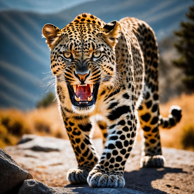 foto di un grande leopardo che corre nella foresta AI generativa