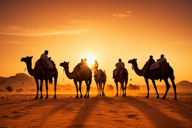 Foto di un gruppo di cammelli a silhouette nel deserto con sfondo arancione al tramonto e una bella moschea