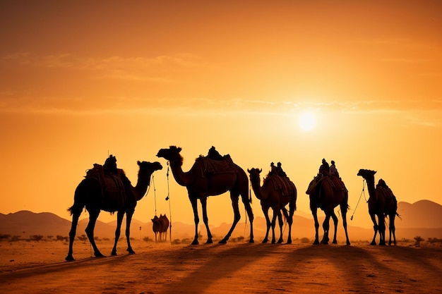 Foto di un gruppo di cammelli a silhouette nel deserto con sfondo arancione al tramonto e una bella moschea