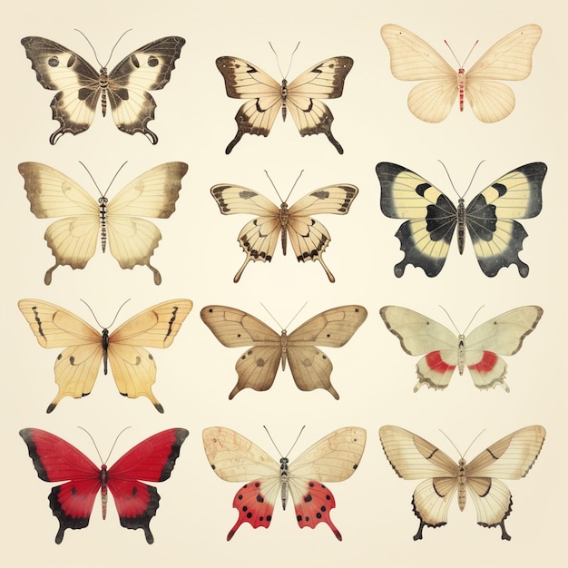 foto di un gruppo di farfalle che volano l'una sopra l'altra nello stile del poster vintage