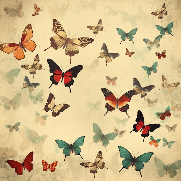 foto di un gruppo di farfalle che volano l'una sopra l'altra nello stile del poster vintage