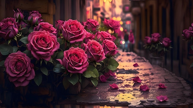 Foto di un gruppo di rose in strada ai generative