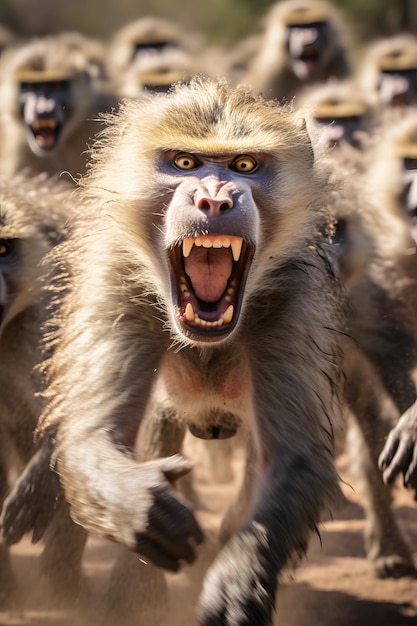 Foto di un gruppo di scimmie che esprimono eccitazione o sorpresa con la bocca aperta