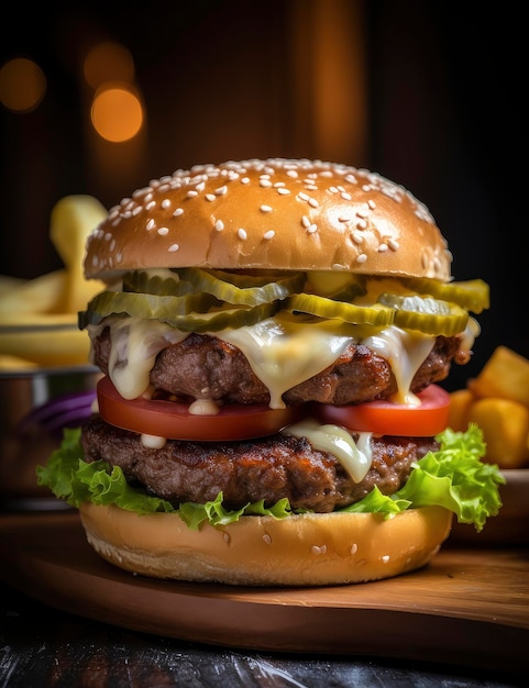 foto di un hamburger al formaggio con patatine fritte