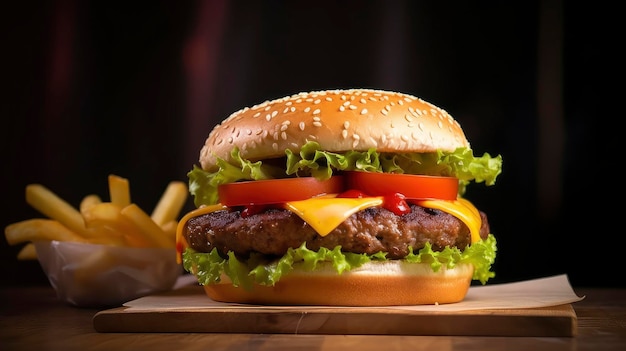 foto di un hamburger al formaggio con patatine fritte