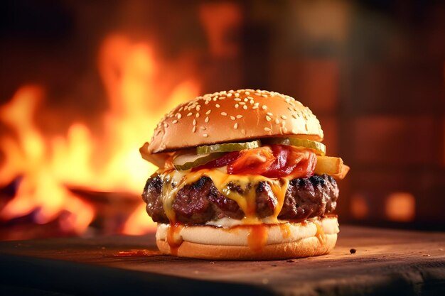 foto di un hamburger gustoso sullo sfondo del fuoco