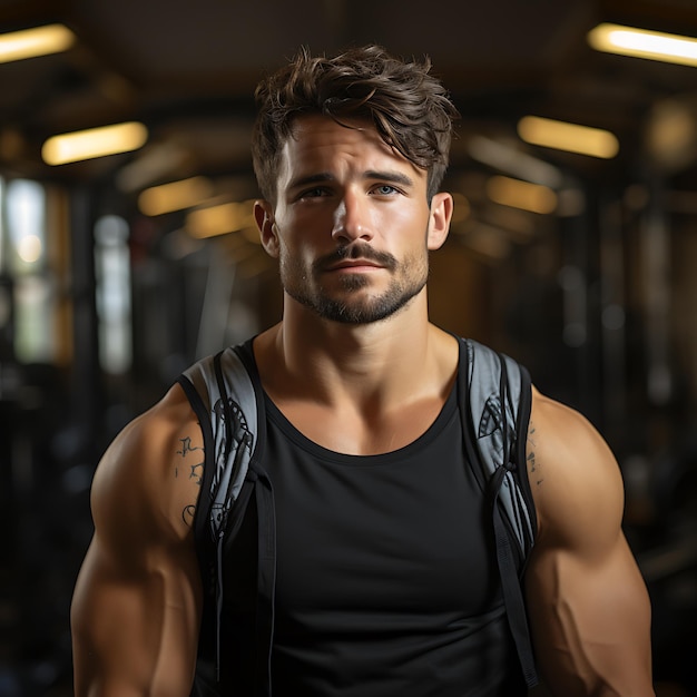 foto di un influencer di fitness maschile di 25 anni altamente addestrato che si allena in palestra