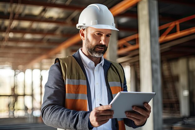 Foto di un ingegnere caucasico barbuto architetto Foreman sul cantiere con un tablet computer