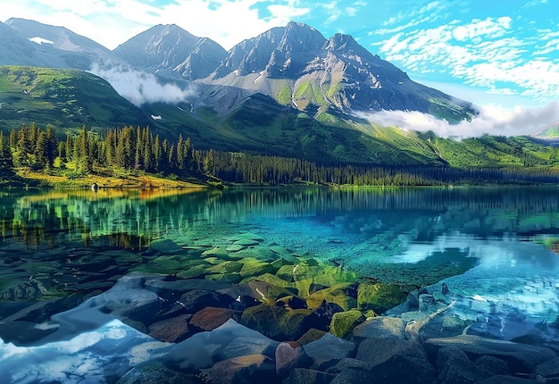 Foto di un lago con una montagna sullo sfondo montagne innevate carte da parati di montagna