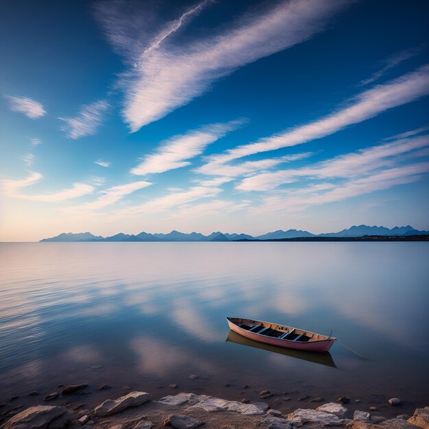 Foto di un lago sereno con una piccola barca che galleggia pacificamente sull'acqua