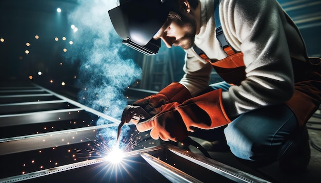 Foto di un lavoratore concentrato, ben rivestito di attrezzature di sicurezza, che saldano componenti metallici