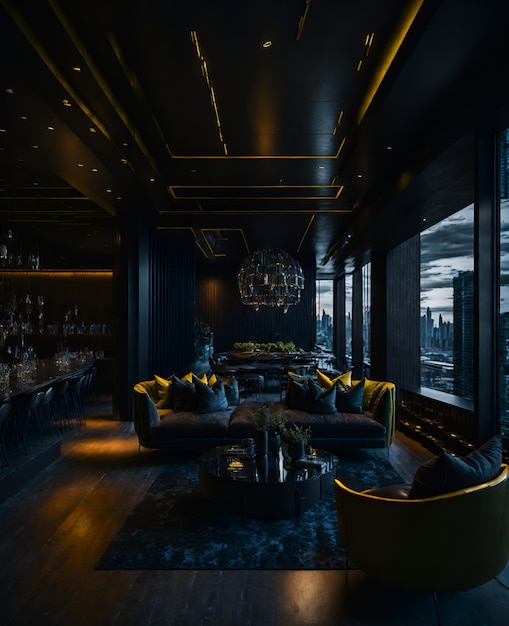 Foto di un lussuoso salotto con mobili eleganti e un bar completamente rifornito