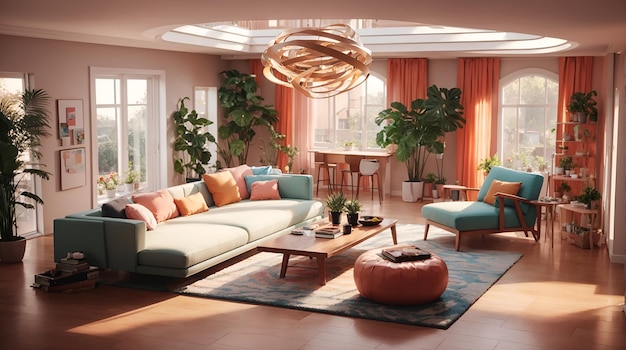Foto di un lussuoso soggiorno pieno di mobili eleganti e inondato di luce naturale