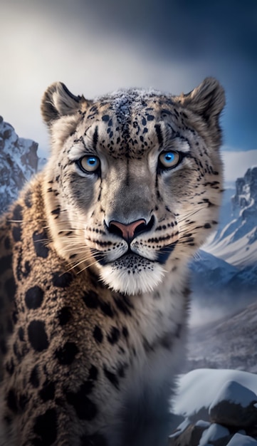 Foto di un maestoso leopardo delle nevi con penetranti occhi azzurri in un paesaggio innevato