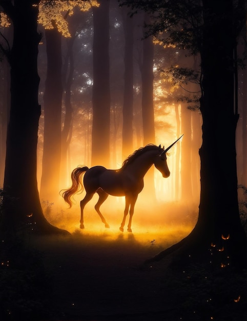 Foto di un maestoso unicorno in una foresta magica