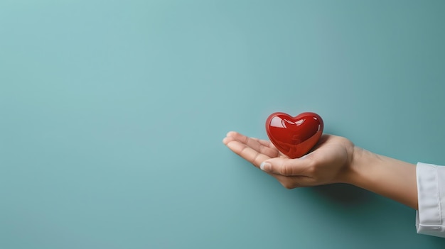 Foto di un medico che tiene un cuore nelle mani su uno sfondo blu chiaro