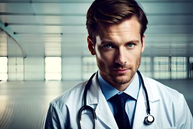 Foto di un medico o di un'assistenza sanitaria di sesso maschile su sfondo minimalista ai generativo