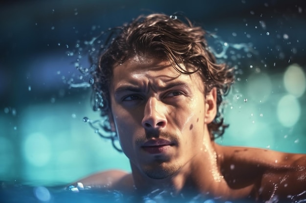 Foto di un nuotatore maschio sorridente che posa in piscina generata dall'AI