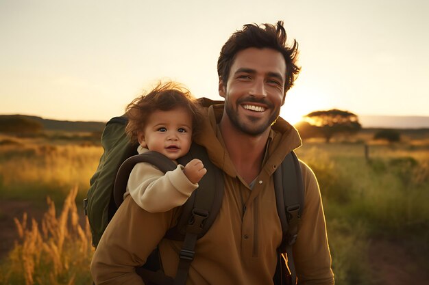 Foto di un padre e un figlio felici che posano all'aperto e copiano lo spazio